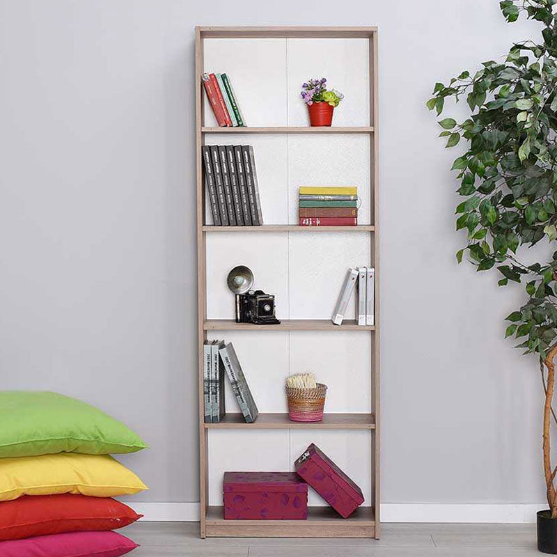 CARMELLA Oak Bookcase with five shelves, 64x26x182 cm, showcasing a stylish oak melamine finish.