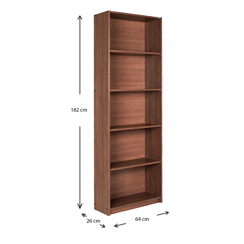 CARMELLA Walnut Bookcase with five shelves, 64x26x182 cm, showcasing a rich walnut finish.