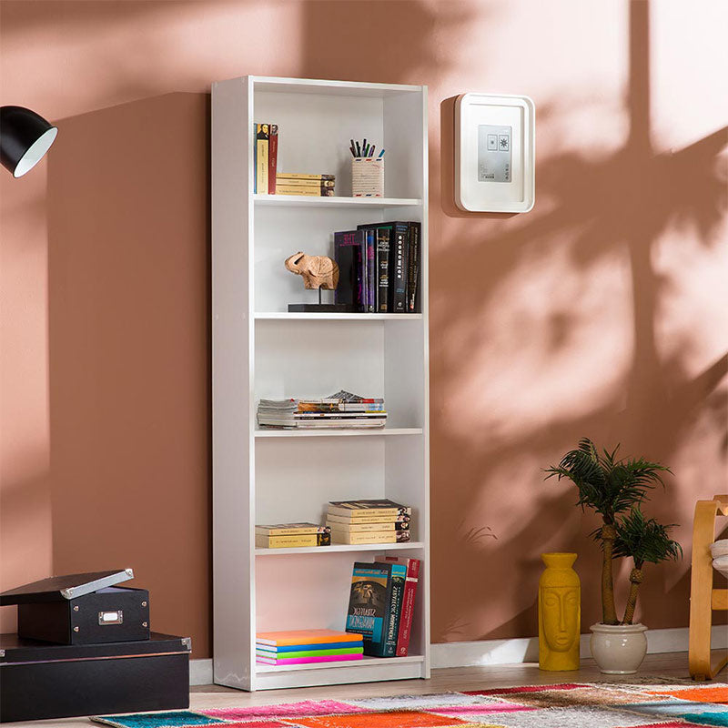 CARMELLA White Bookcase with five shelves, melamine finish, dimensions 58x23x170cm, ideal for home or office use.