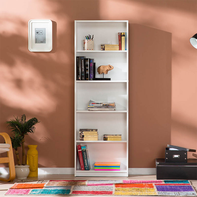 CARMELLA White Bookcase with five shelves, melamine finish, dimensions 58x23x170cm, ideal for home or office use.