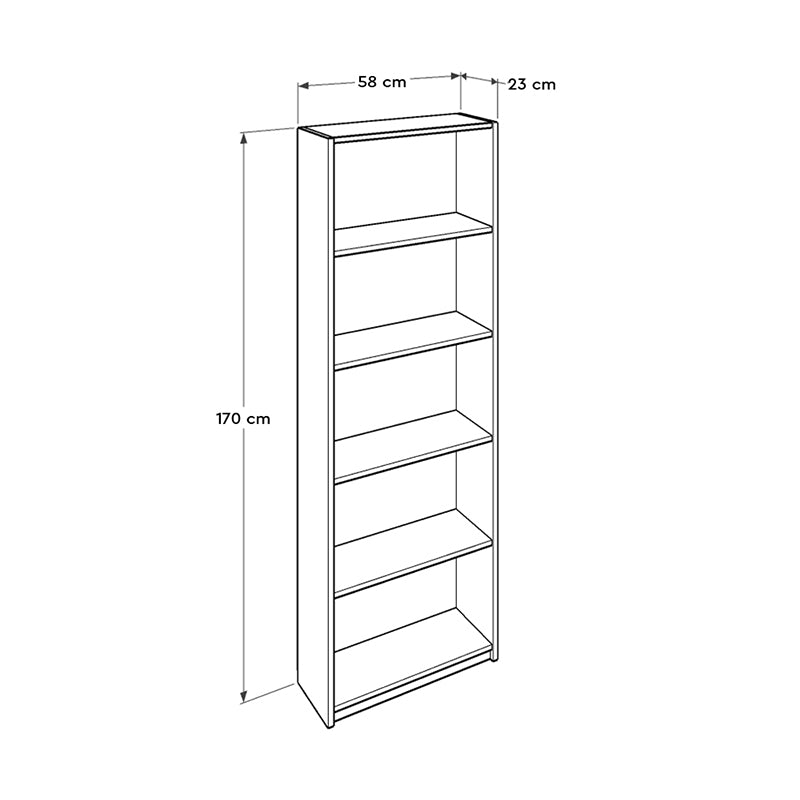 CARMELLA White Bookcase with five shelves, melamine finish, dimensions 58x23x170cm, ideal for home or office use.