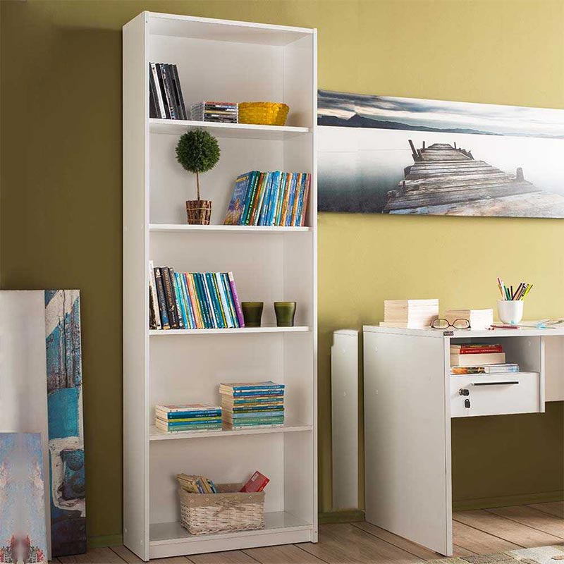 CARMELLA White Bookcase with five shelves, melamine finish, dimensions 64x26x182 cm, ideal for home and office use.