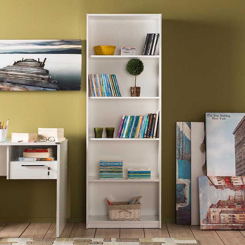 CARMELLA White Bookcase with five shelves, melamine finish, dimensions 64x26x182 cm, ideal for home and office use.