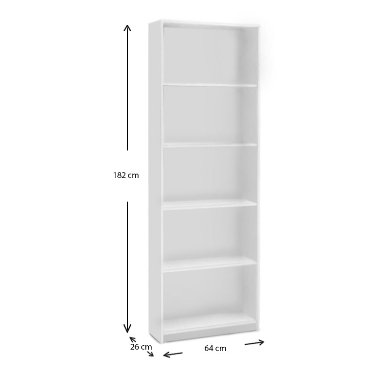 CARMELLA White Bookcase with five shelves, melamine finish, dimensions 64x26x182 cm, ideal for home and office use.