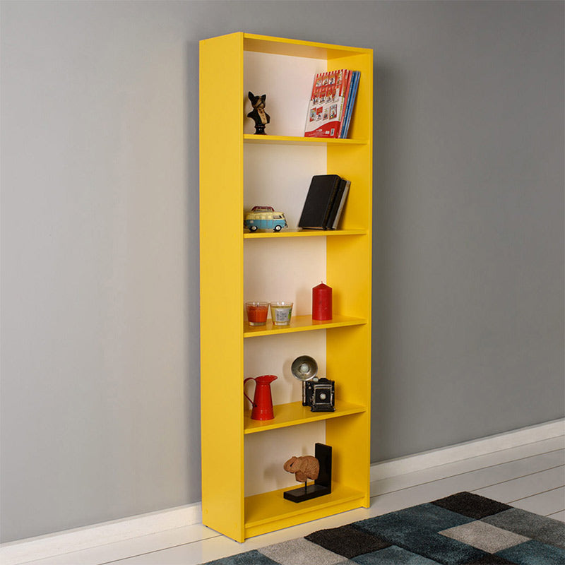 Bookcase CARMELLA in vibrant yellow with five shelves, perfect for home or office use.