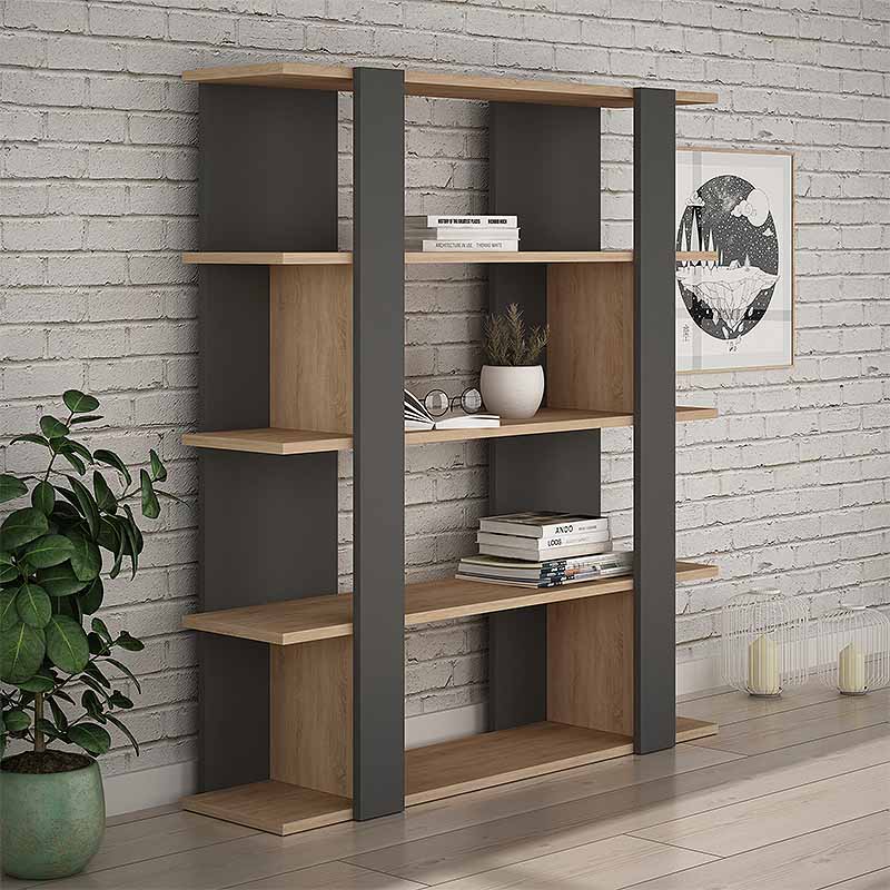 Bookcase CLARA in natural beech and anthracite, showcasing its elegant design and spacious shelves.