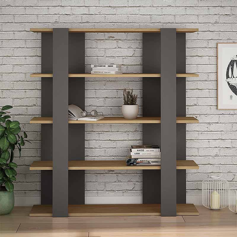 Bookcase CLARA in natural beech and anthracite, showcasing its elegant design and spacious shelves.