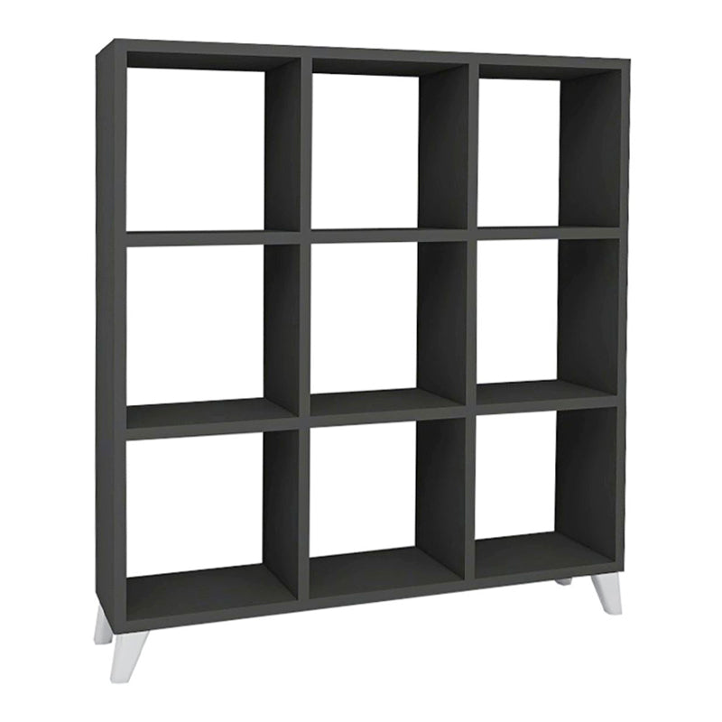 Modern anthracite bookcase CLARISSA with cube-style design, showcasing its sleek shelves and sturdy white legs.