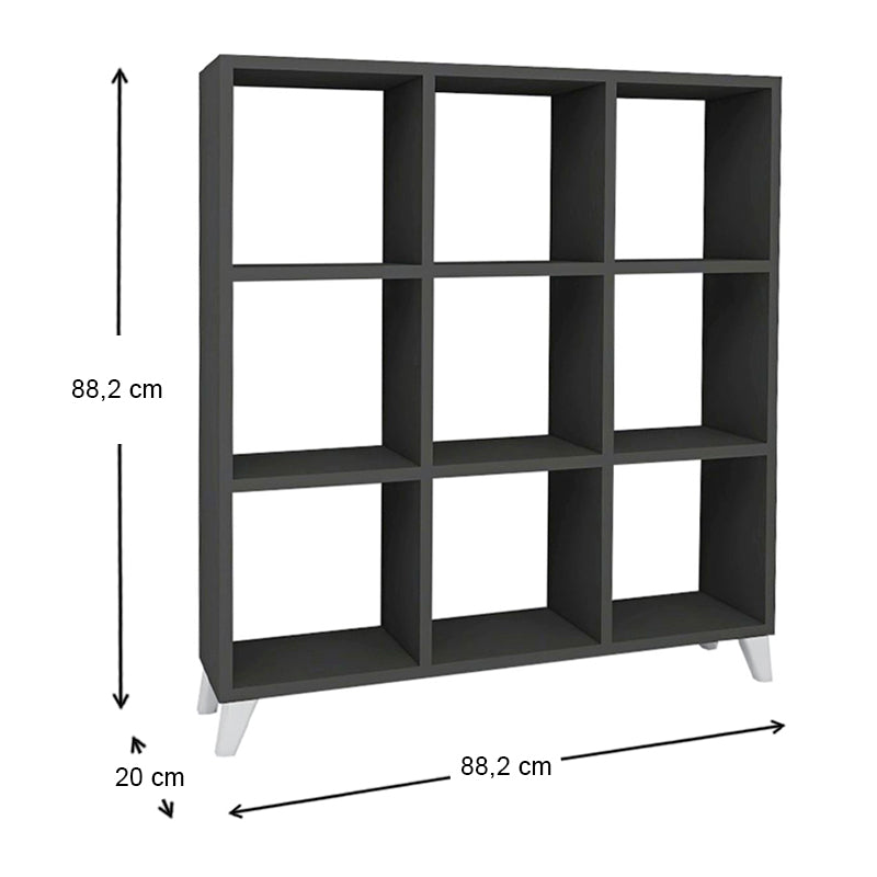 Modern anthracite bookcase CLARISSA with cube-style design, showcasing its sleek shelves and sturdy white legs.