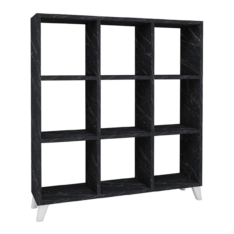 Bookcase CLARISSA featuring a black marble effect, modern cube design, and white reinforced polypropylene legs.