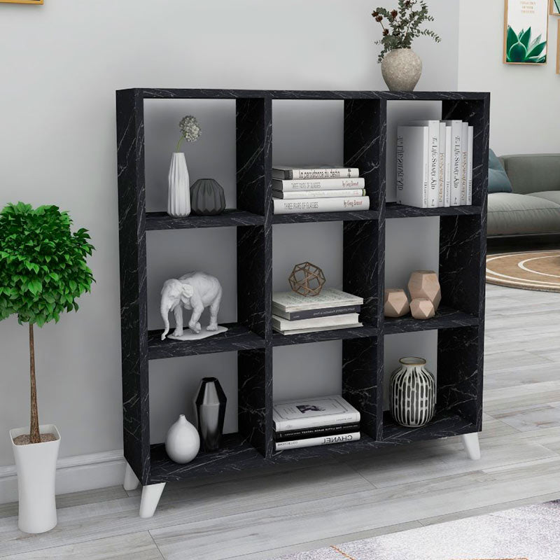 Bookcase CLARISSA featuring a black marble effect, modern cube design, and white reinforced polypropylene legs.