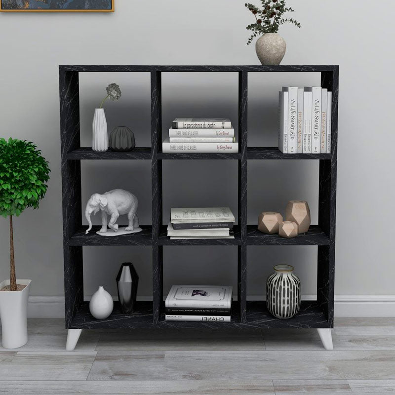 Bookcase CLARISSA featuring a black marble effect, modern cube design, and white reinforced polypropylene legs.