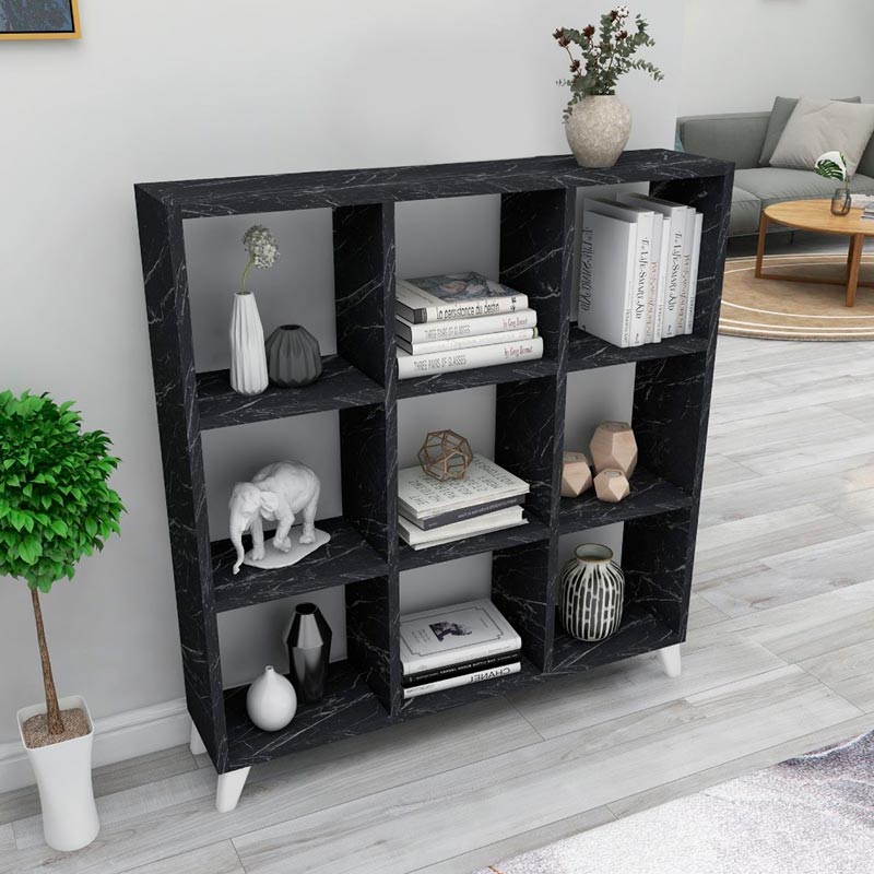 Bookcase CLARISSA featuring a black marble effect, modern cube design, and white reinforced polypropylene legs.