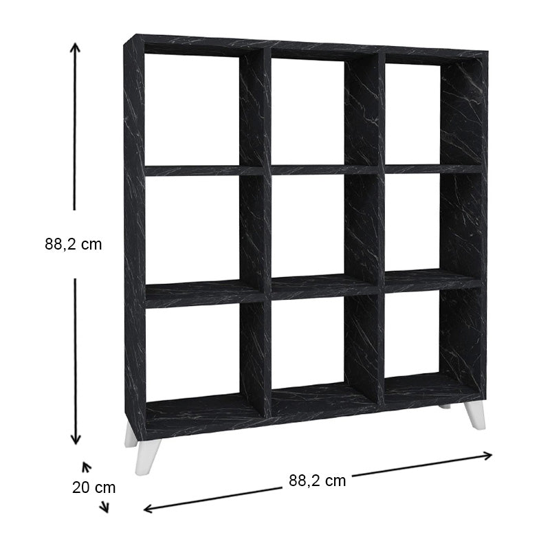 Bookcase CLARISSA featuring a black marble effect, modern cube design, and white reinforced polypropylene legs.