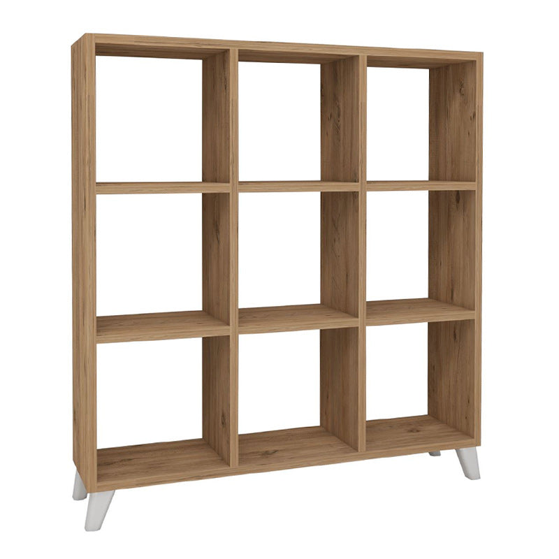 Bookcase CLARISSA in oak with cube-style design, featuring white polypropylene legs and multiple shelves for storage.