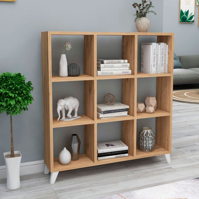 Bookcase CLARISSA in oak with cube-style design, featuring white polypropylene legs and multiple shelves for storage.