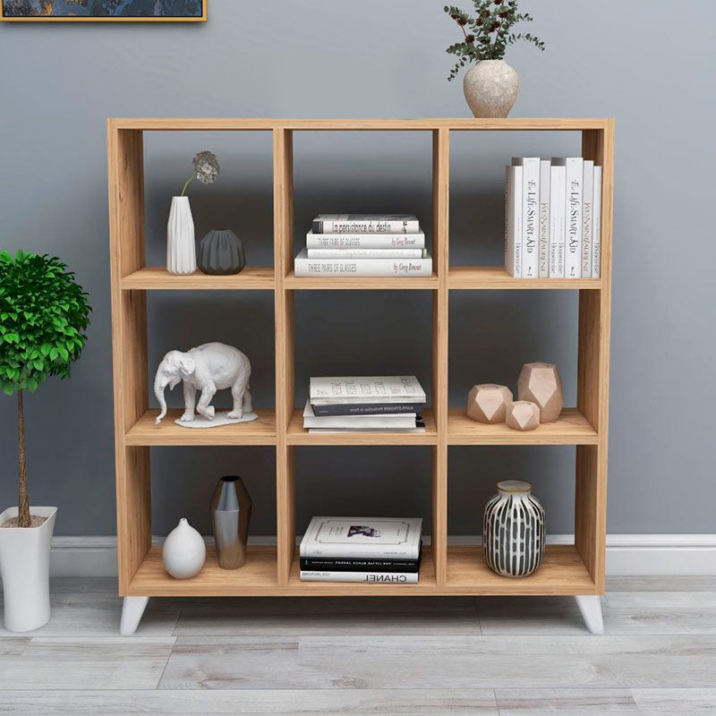 Bookcase CLARISSA in oak with cube-style design, featuring white polypropylene legs and multiple shelves for storage.