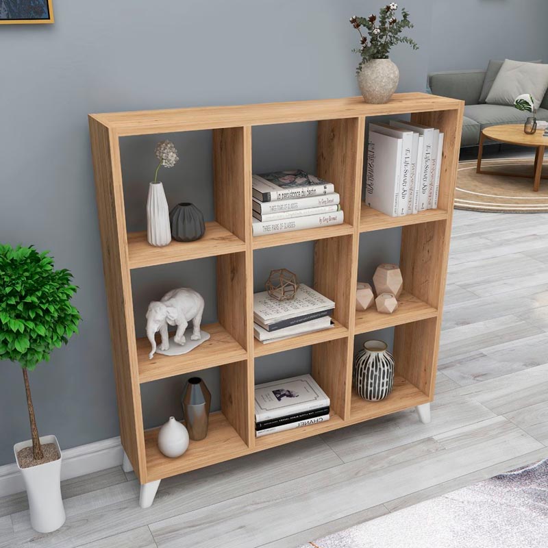 Bookcase CLARISSA in oak with cube-style design, featuring white polypropylene legs and multiple shelves for storage.