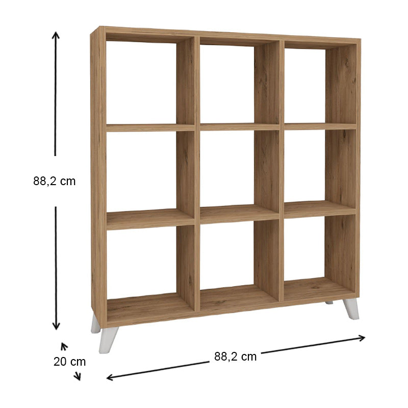 Bookcase CLARISSA in oak with cube-style design, featuring white polypropylene legs and multiple shelves for storage.