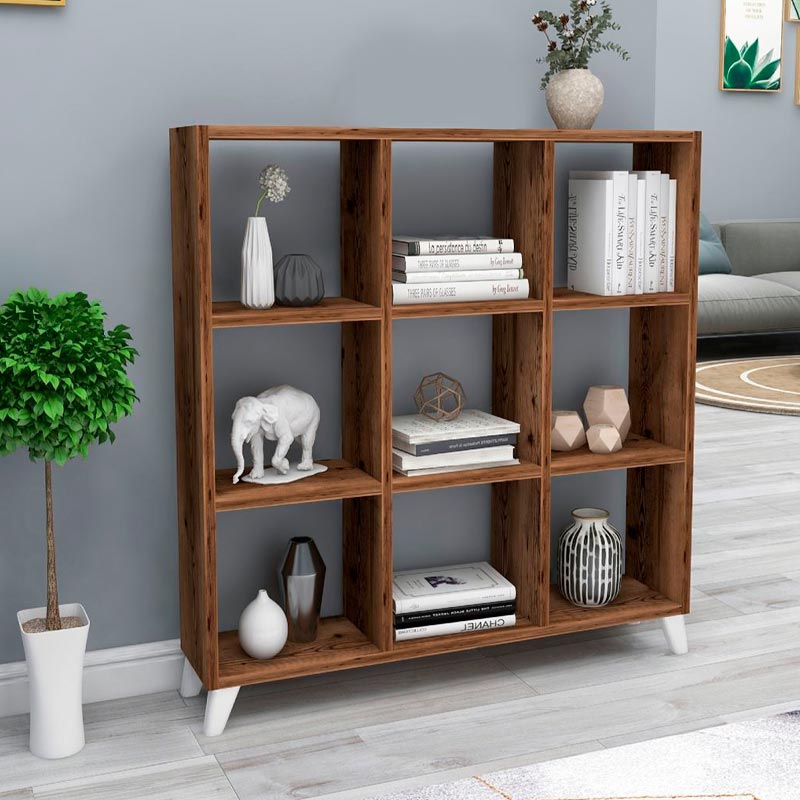 Bookcase CLARISSA in smoked walnut finish, featuring a modern cube-style design with spacious shelves and white polypropylene legs.