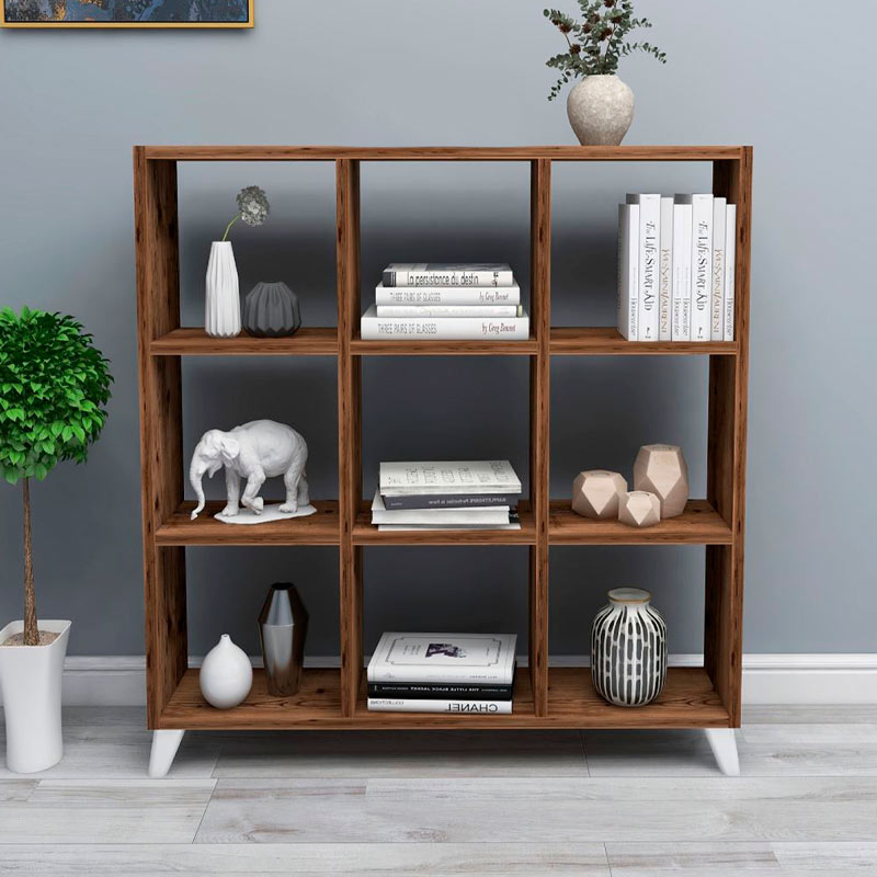 Bookcase CLARISSA in smoked walnut finish, featuring a modern cube-style design with spacious shelves and white polypropylene legs.