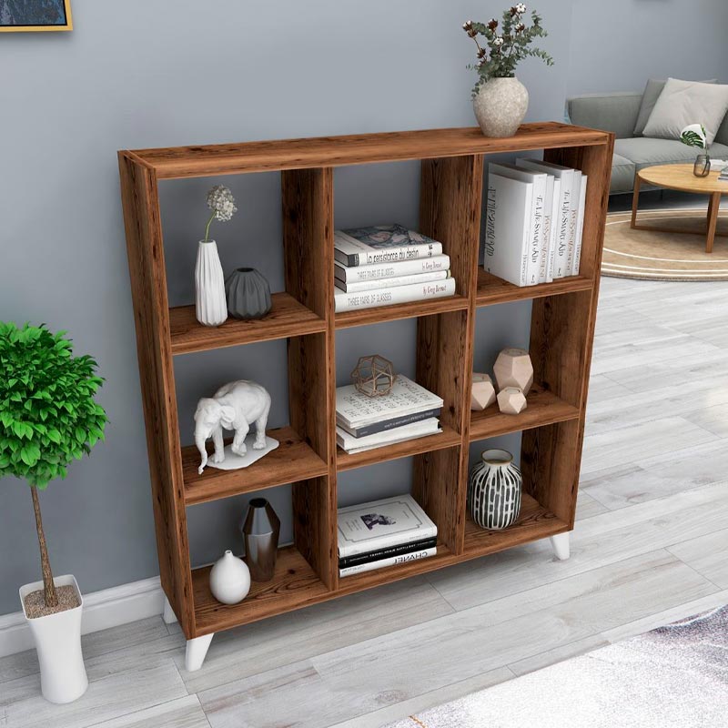 Bookcase CLARISSA in smoked walnut finish, featuring a modern cube-style design with spacious shelves and white polypropylene legs.