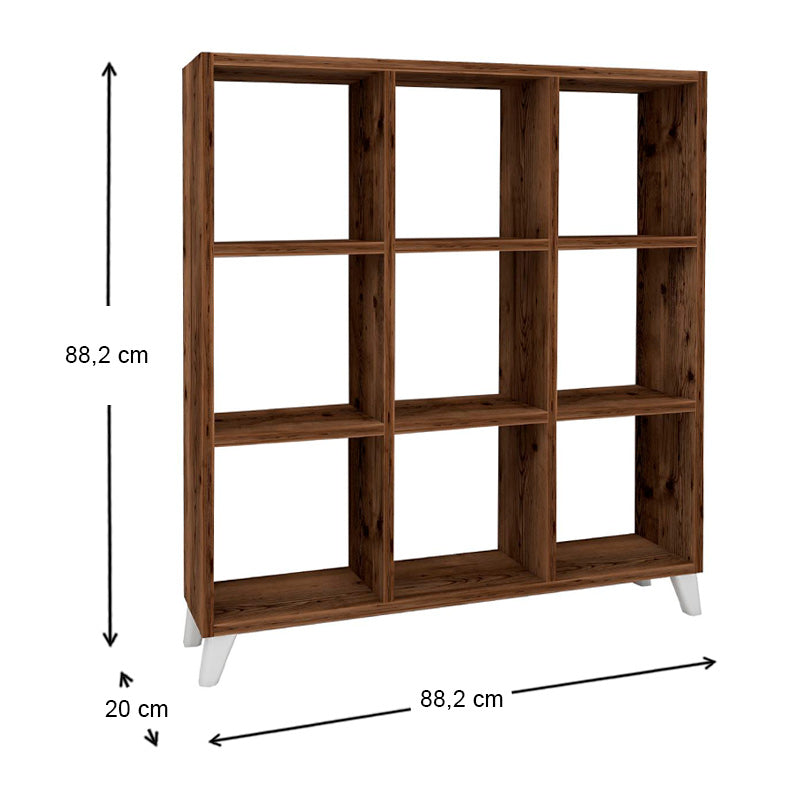 Bookcase CLARISSA in smoked walnut finish, featuring a modern cube-style design with spacious shelves and white polypropylene legs.