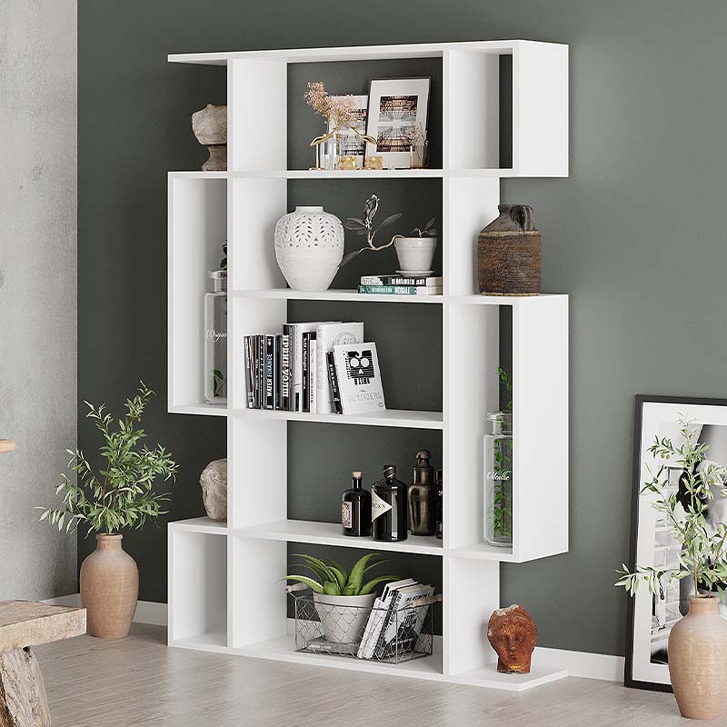 White Bookcase Cordoba with six shelves, made of durable melamine, measuring 108x25x161 cm, ideal for home or office use.