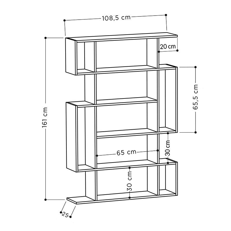 White Bookcase Cordoba with six shelves, made of durable melamine, measuring 108x25x161 cm, ideal for home or office use.