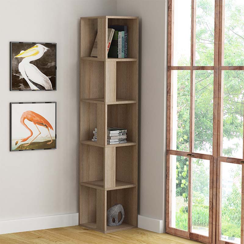 Corner bookcase SILVIA in oak color, showcasing its compact design and elegant finish, perfect for home or office use.