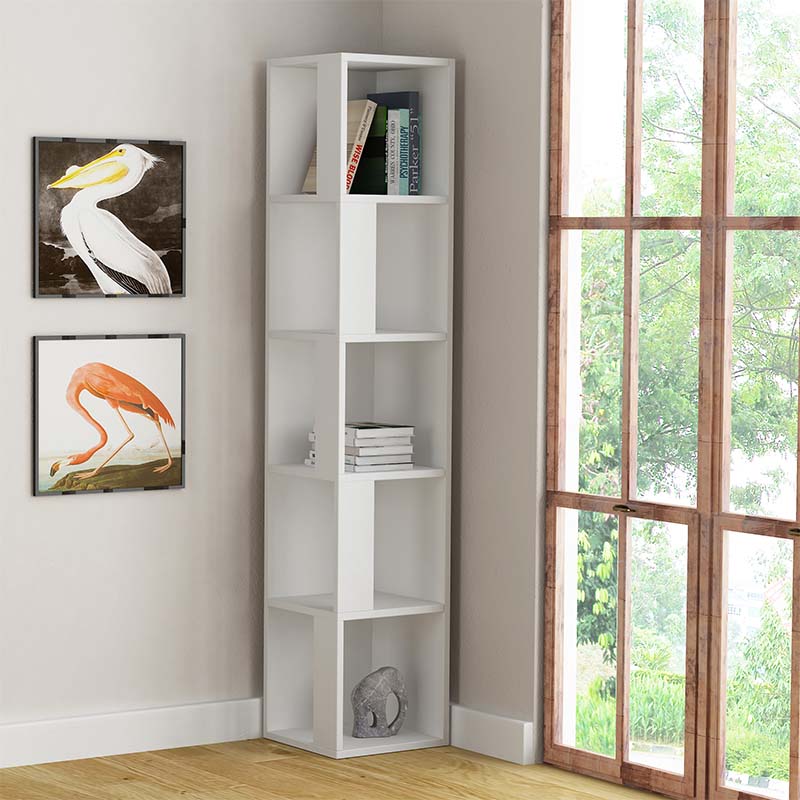 White corner bookcase SILVIA with multiple shelves, designed for stylish storage in compact spaces.