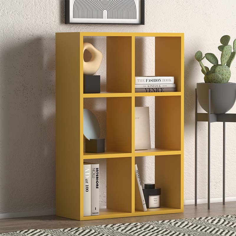 Bookcase EUSEBIO in vibrant yellow with six shelves, dimensions 73.5x34x109cm, made of durable melamine.