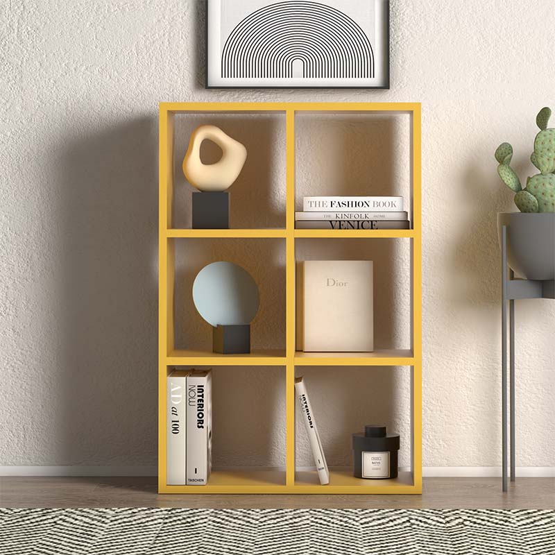 Bookcase EUSEBIO in vibrant yellow with six shelves, dimensions 73.5x34x109cm, made of durable melamine.