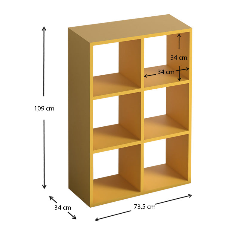 Bookcase EUSEBIO in vibrant yellow with six shelves, dimensions 73.5x34x109cm, made of durable melamine.