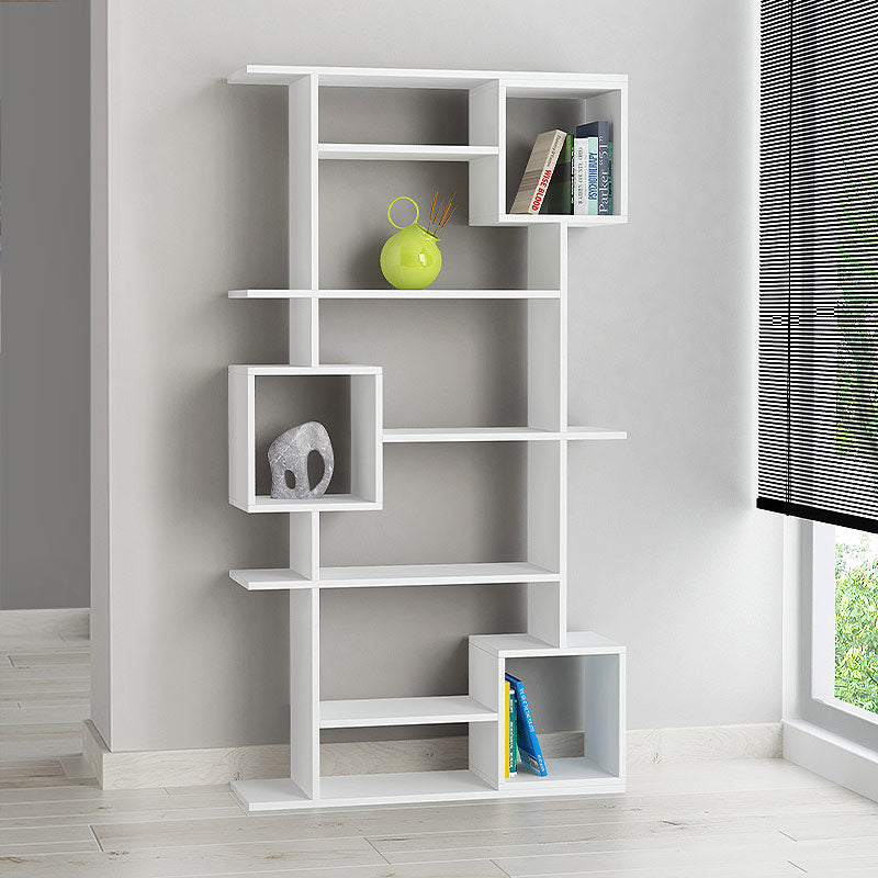 HUGO White Bookcase with ten shelves, melamine finish, dimensions 92x25x173 cm, ideal for home or office use.