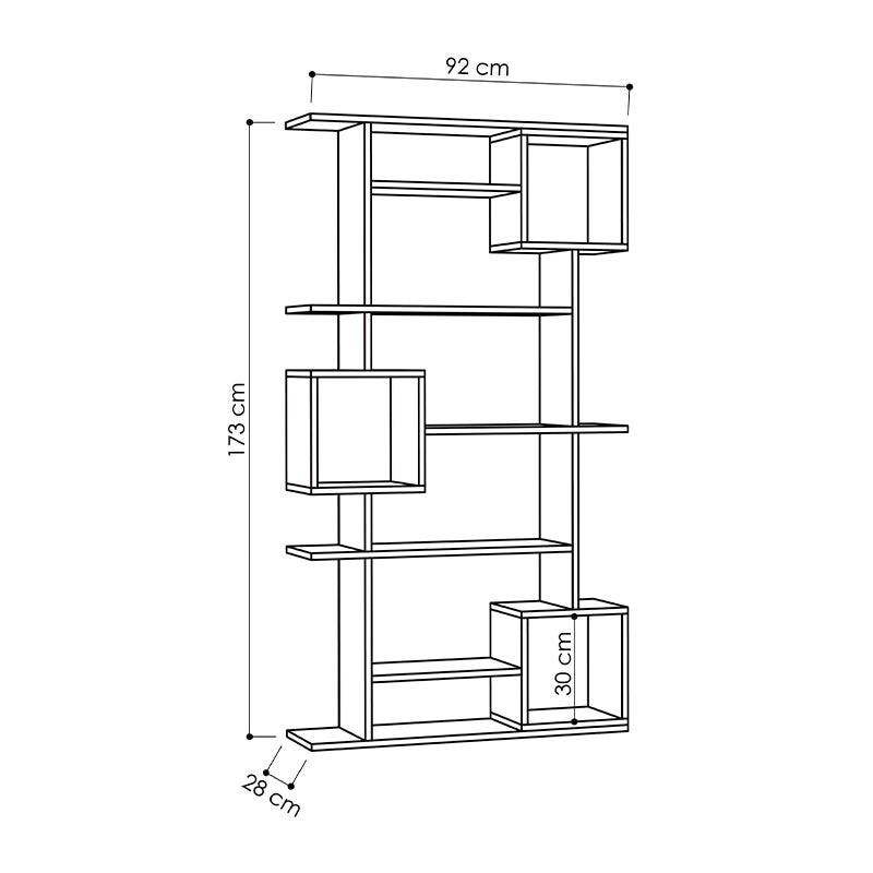 HUGO White Bookcase with ten shelves, melamine finish, dimensions 92x25x173 cm, ideal for home or office use.