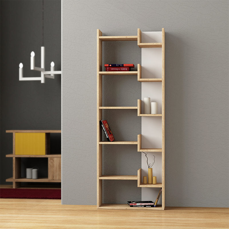 Bookcase MONTREAL featuring natural beech and white finishes, showcasing six shelves and a modern design.