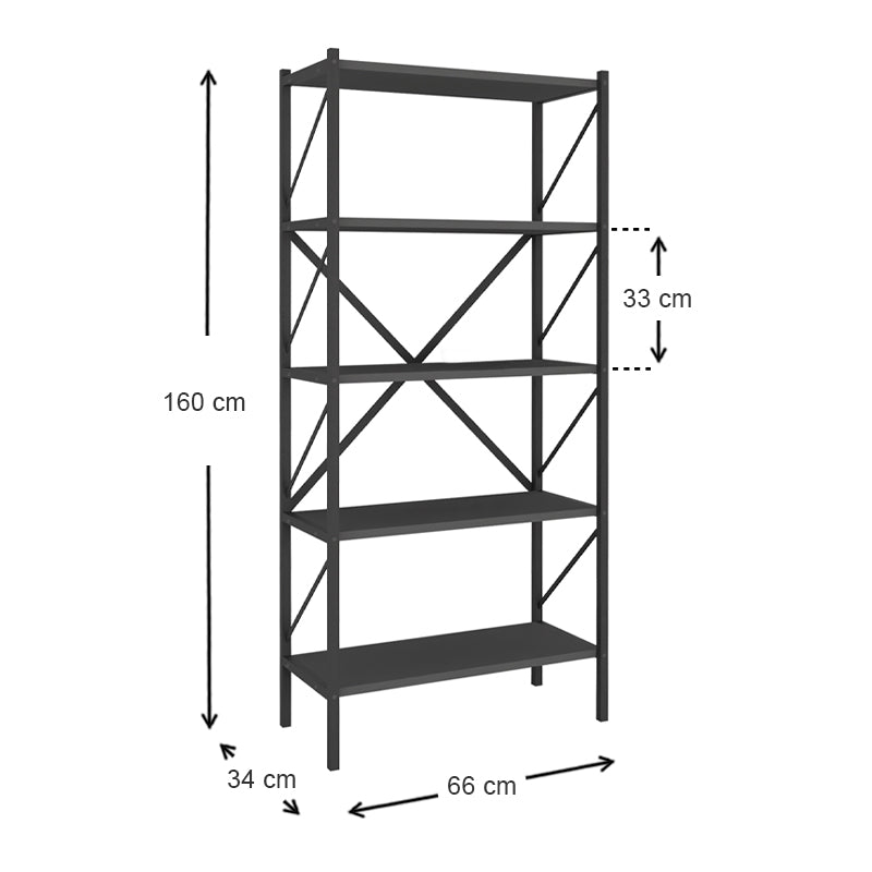 PINIA Anthracite Bookcase with five shelves, modern design, and durable construction, measuring 66x34x160cm.