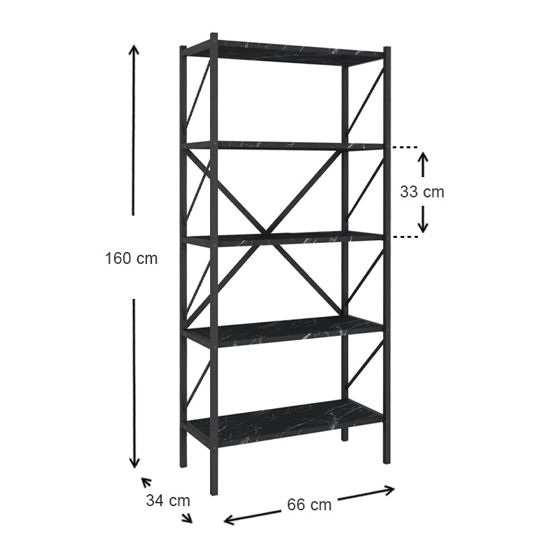 PINIA Black Marble Effect Bookcase with five shelves, modern design, and durable construction, measuring 66x34x160cm.