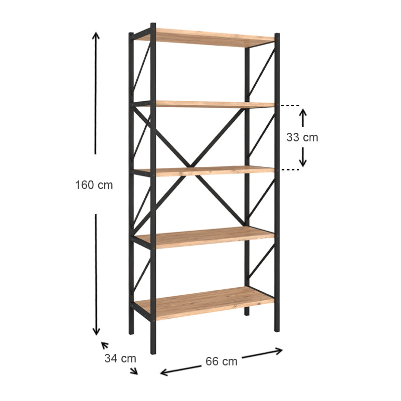 Stylish PINIA Pine Oak Bookcase with five shelves, modern design, and oak finish, perfect for home or office use.