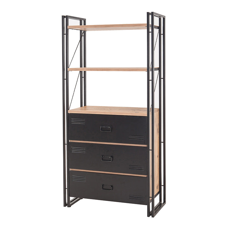 PRACTIC Pine Bookcase in Black, featuring three drawers and a modern industrial design, perfect for home or office use.