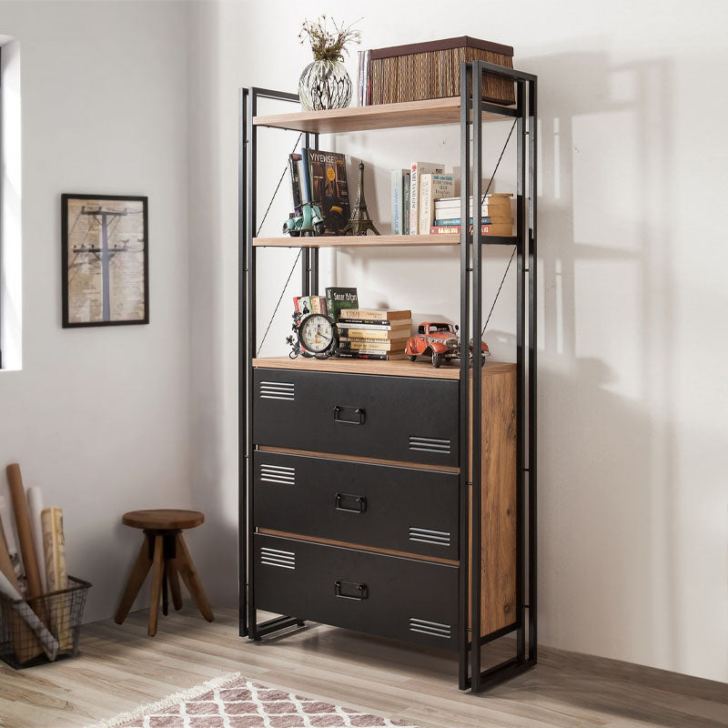 PRACTIC Pine Bookcase in Black, featuring three drawers and a modern industrial design, perfect for home or office use.