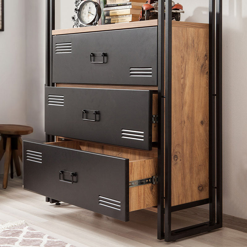 PRACTIC Pine Bookcase in Black, featuring three drawers and a modern industrial design, perfect for home or office use.