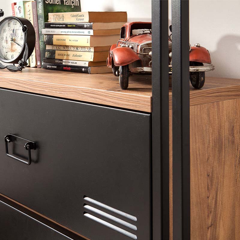 PRACTIC Pine Bookcase in Black, featuring three drawers and a modern industrial design, perfect for home or office use.