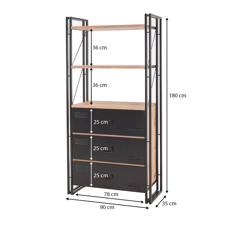 PRACTIC Pine Bookcase in Black, featuring three drawers and a modern industrial design, perfect for home or office use.