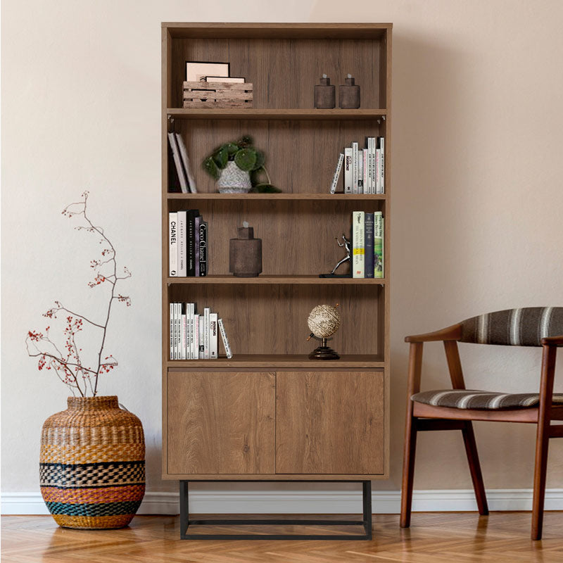 Walnut colored RAMIREZ bookcase with modern metal legs, featuring spacious shelves for books and decor.