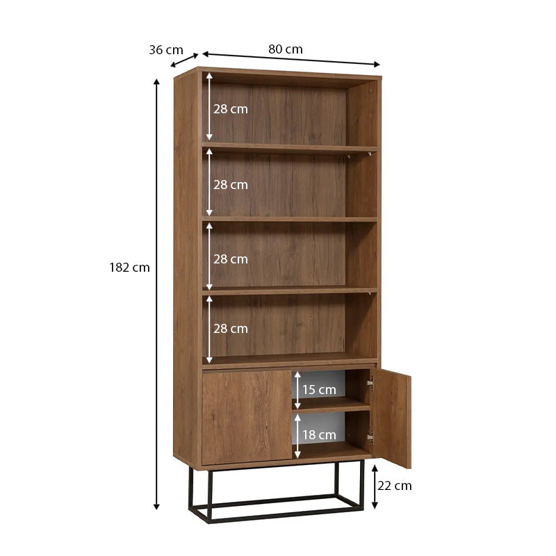 Walnut colored RAMIREZ bookcase with modern metal legs, featuring spacious shelves for books and decor.