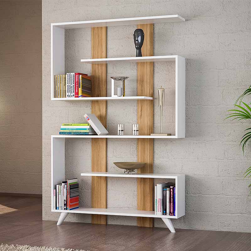 Bookcase SIGMA in white and walnut, featuring a modern design and spacious shelves for books and decor.