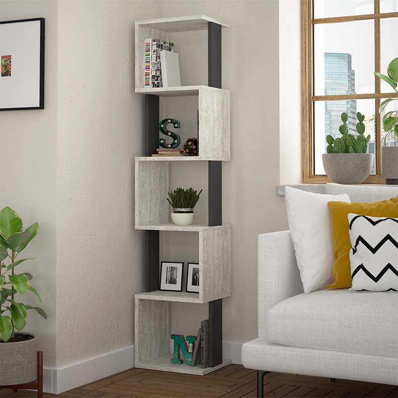 Bookcase STAIRS in ancient white and anthracite, featuring six shelves and a modern design, perfect for home or office use.