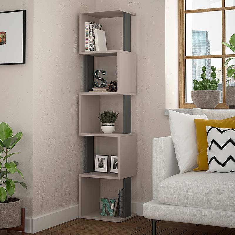 Bookcase STAIRS in light mocha and anthracite with six shelves, showcasing a modern design suitable for home or office use.